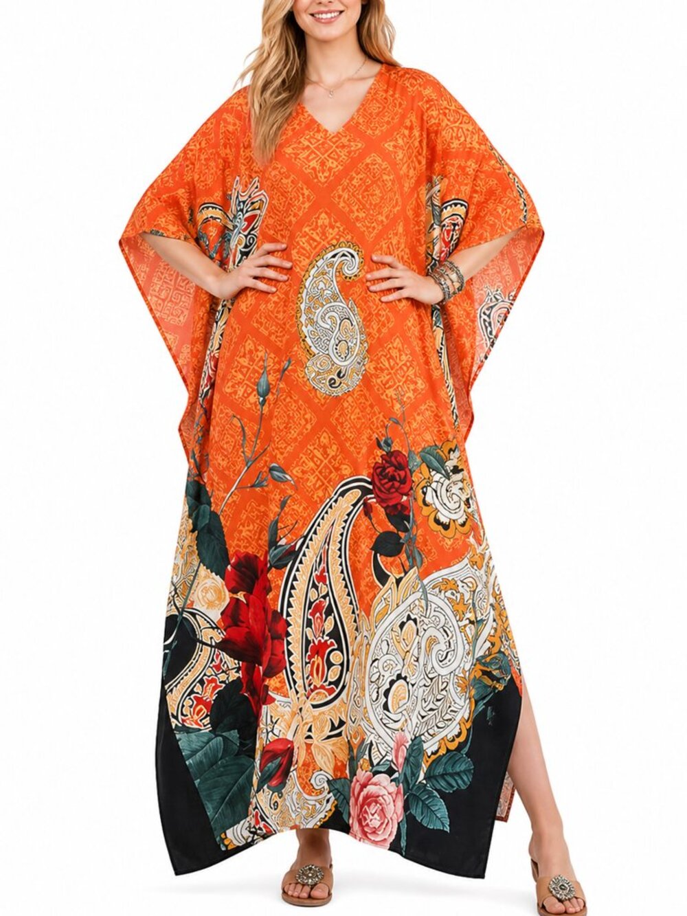 Gypsie Blu Women Plus Size Floral Printed Orange Kaftan Dress Summer Beach Maxi